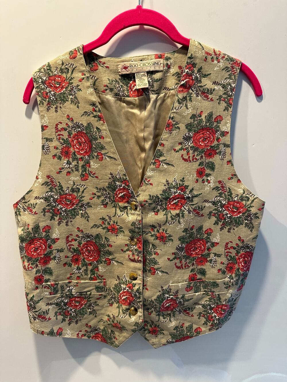 Roo Crossing Petite Women’s Waistcoat Vest Floral Beige Linen Cotten Small Vtg
